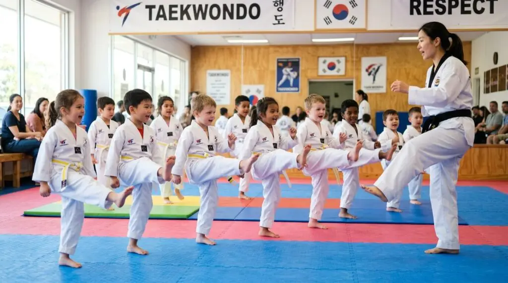 Instructor giving high five during martial arts confidence for kids drill