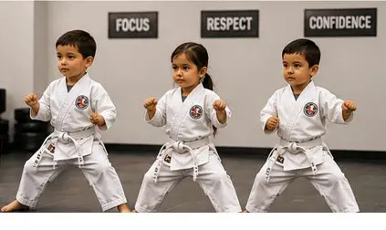 Instructors posing with young students in martial arts for preschoolers class
