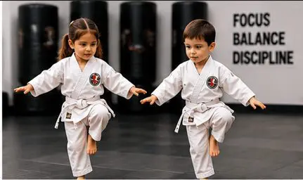 Preschoolers practicing punches with instructor during preschool taekwondo training